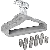 Finnhomy Non-Slip Clothes Hangers for Baby and Kids 30-Pack Velvet Hangers with 10 Finger Clips, Gray