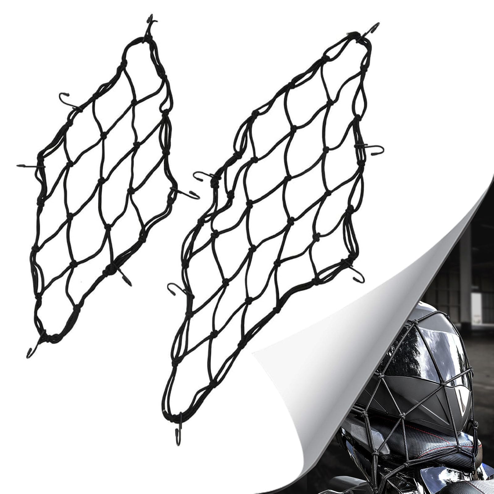 Shuny 2 pcs Cargo Net with Hooks, Small Bungee Cargo Securing Net, Helmet Cargo Net, Retractable Elastic Rope Strap Bungee Net with 6 Hooks for Motorcycle Bike Luggage Load Cover 400 x 400mm
