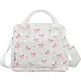 peony man Pink Bow Lunch Bag for Women Large Pink Bow Lunch Box Reusable Insulated Bows Lunches Tote Bag with Adjustable Shoulder Straps for Women Adult Work School Office Travel Picnic Food Container