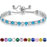 Sfoni Birthstone Bracelet for Women, Silver Sparkly Tennis Bracelet with Cubic Zirconia Adjustable Slider Bracelets Birthday Anniversary Graduation Valentine's Day Mother's Day Gifts for Her Him