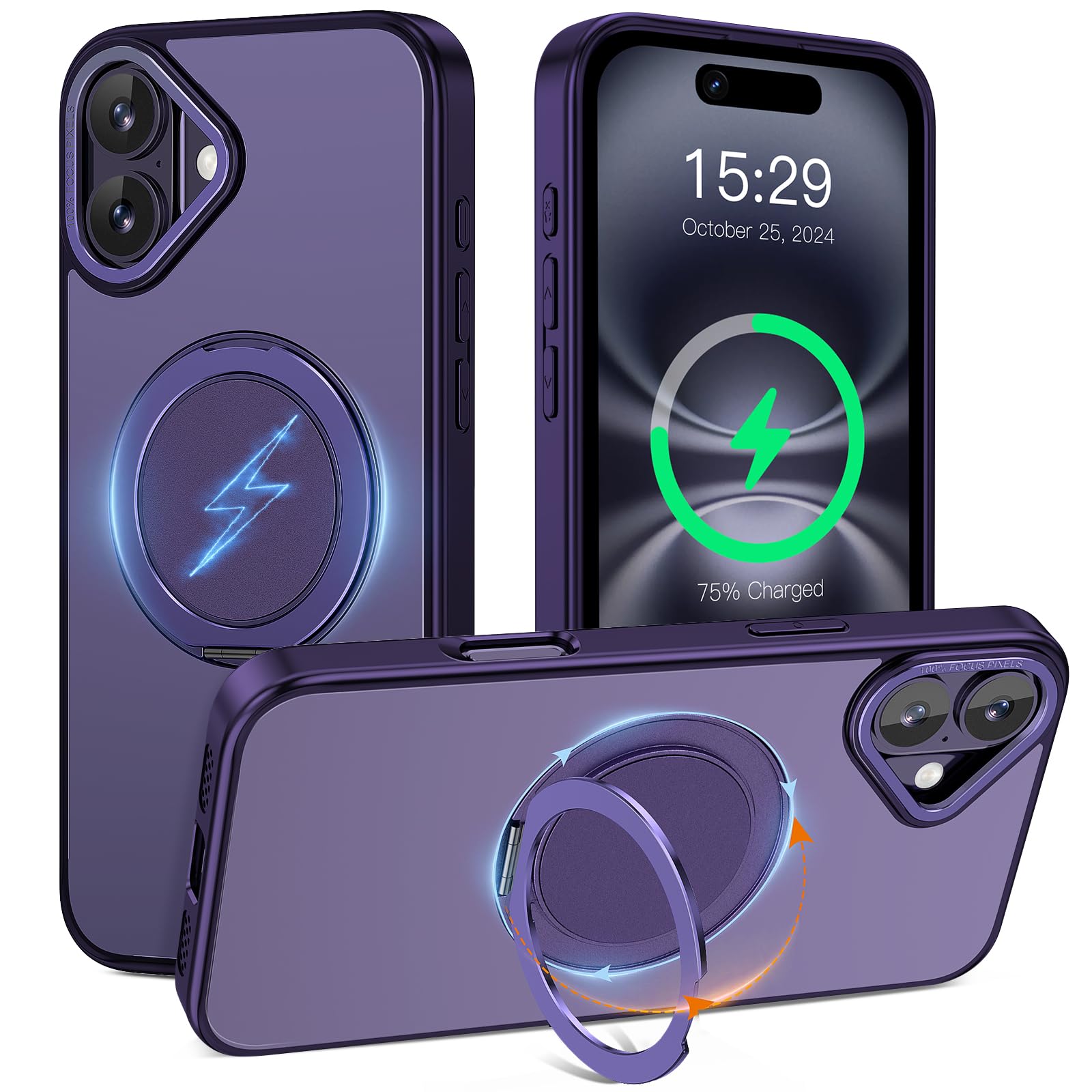 Photo 1 of ACANDYA for iPhone 16 Case Magnetic Ring Holder Kickstand Compatible with Magsafe Military Grade Drop Protection Heavy Duty Shockproof Men Women Cover for iPhone 16 6.1 inch Translucent Purple