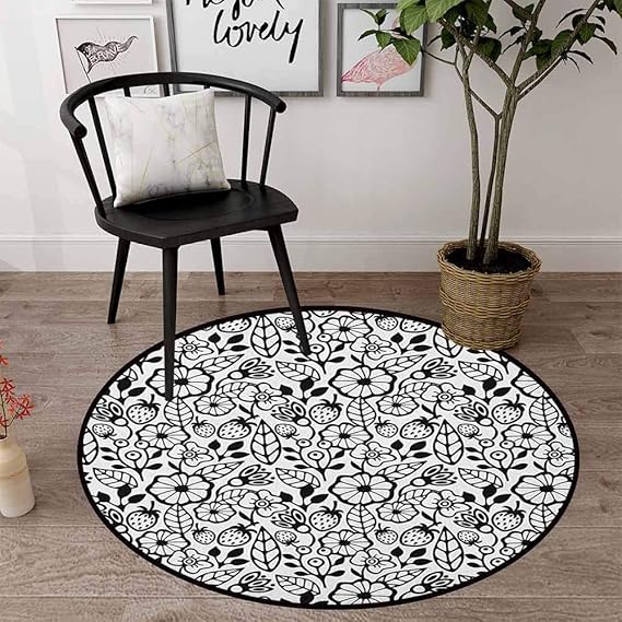 Tapis rond rond pour salon et salle à manger 68,6 cm, noir blanc