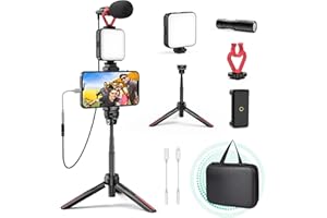 TECELKS Smartphone Video Vlogging Kit with Lightning and Type-C Adapters, YouTube Starter Kit with LED Light, Phone Holder, Microphone, Tripod, Compatible with iPhone/Android for TikTok/Recording