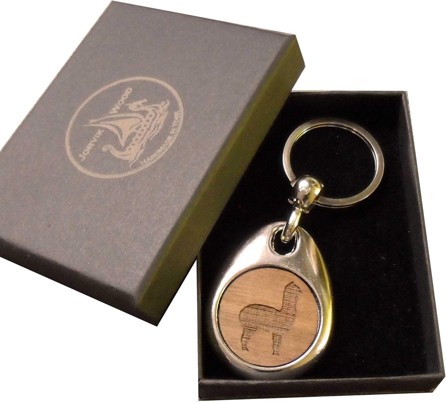 Jorvik Wood Alpaca Design Wooden Keyring with Gift Box, Brown, 2