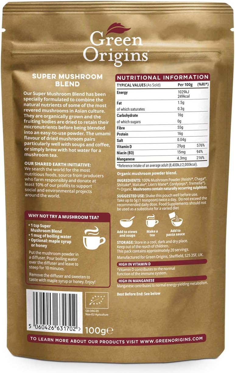 Green Origins Organic Super Mushroom Blend Powder 100g, 100 g (Pack of 1) - Image 3