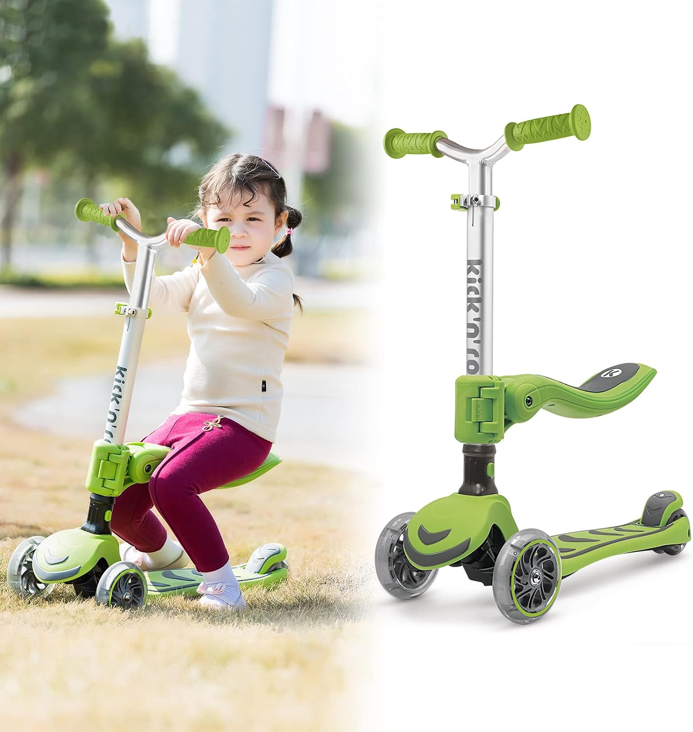 Kicknroll Kids Scooter with Removable Seat & Flashing LED Lights, Foldable Kick Scooter for Boys Girls Ages 3-8