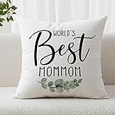 MNASAIOO World's Best Mommom Gifts Decorative Throw Pillow Covers, Grandma Gifts for Mom Mother's Day Christmas Holiday, Rustic Botanical Eucalyptus Pillow Cases Decor for Bed Couch Bedroom 18x18in
