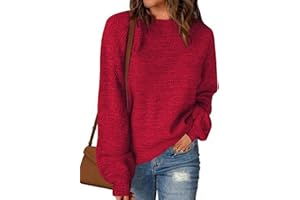 Femfady Woman Fall Sweater Loose Knit Lantern Sleeve Lightweight Crew Neck Pullover Tops