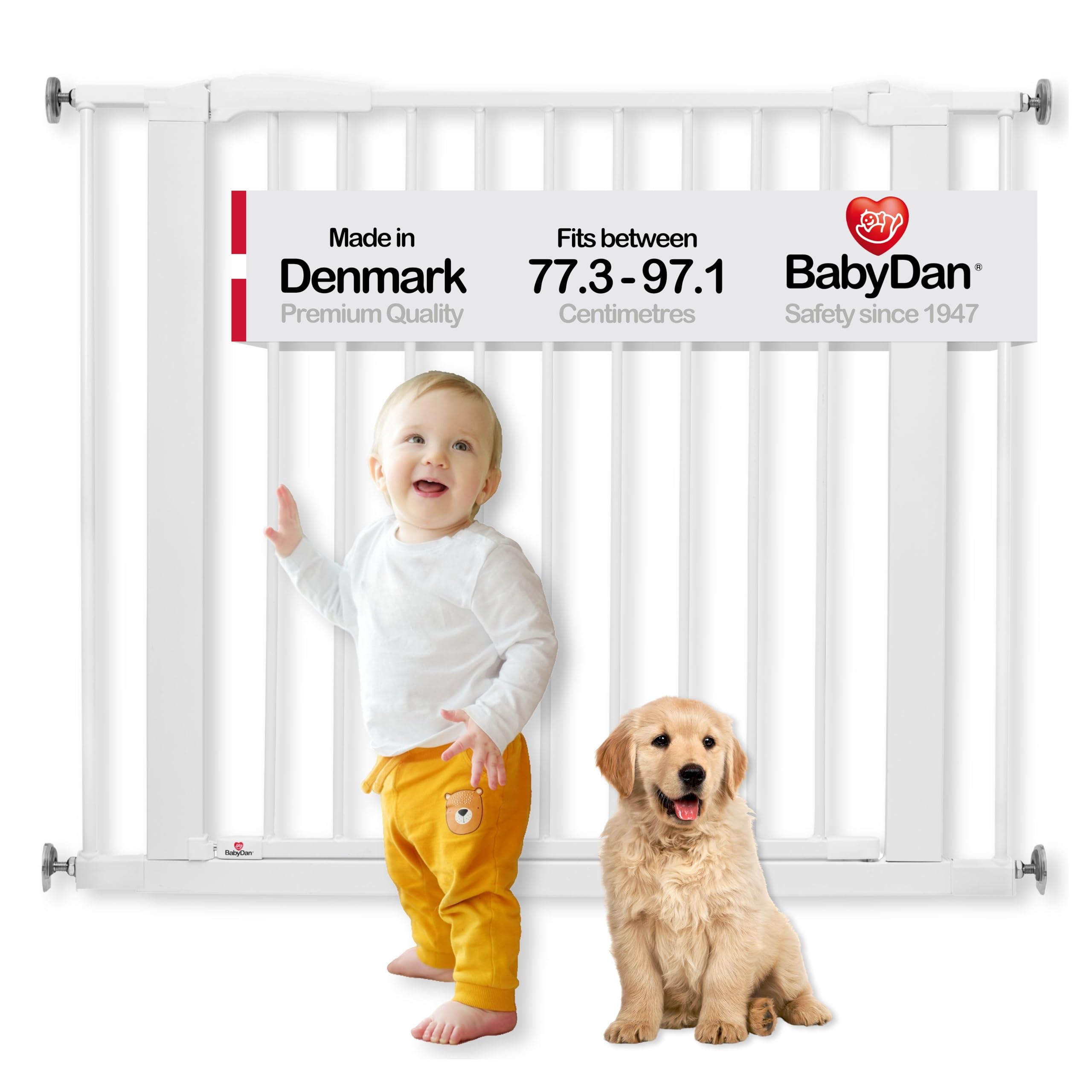 BabyDan Perfect Close - Pressure Fit Stair Gate, 77.3-97.1 cm, White, Made in Denmark - Baby & Pet Gate