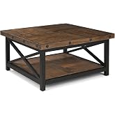 Flexsteel Rustic Industrial Coffee Table, Solid Acacia Wood Square Table with Storage Shelf, Dark Brown Farmhouse Living Room Furniture, Metal Frame Cocktail Table-Dark Brown