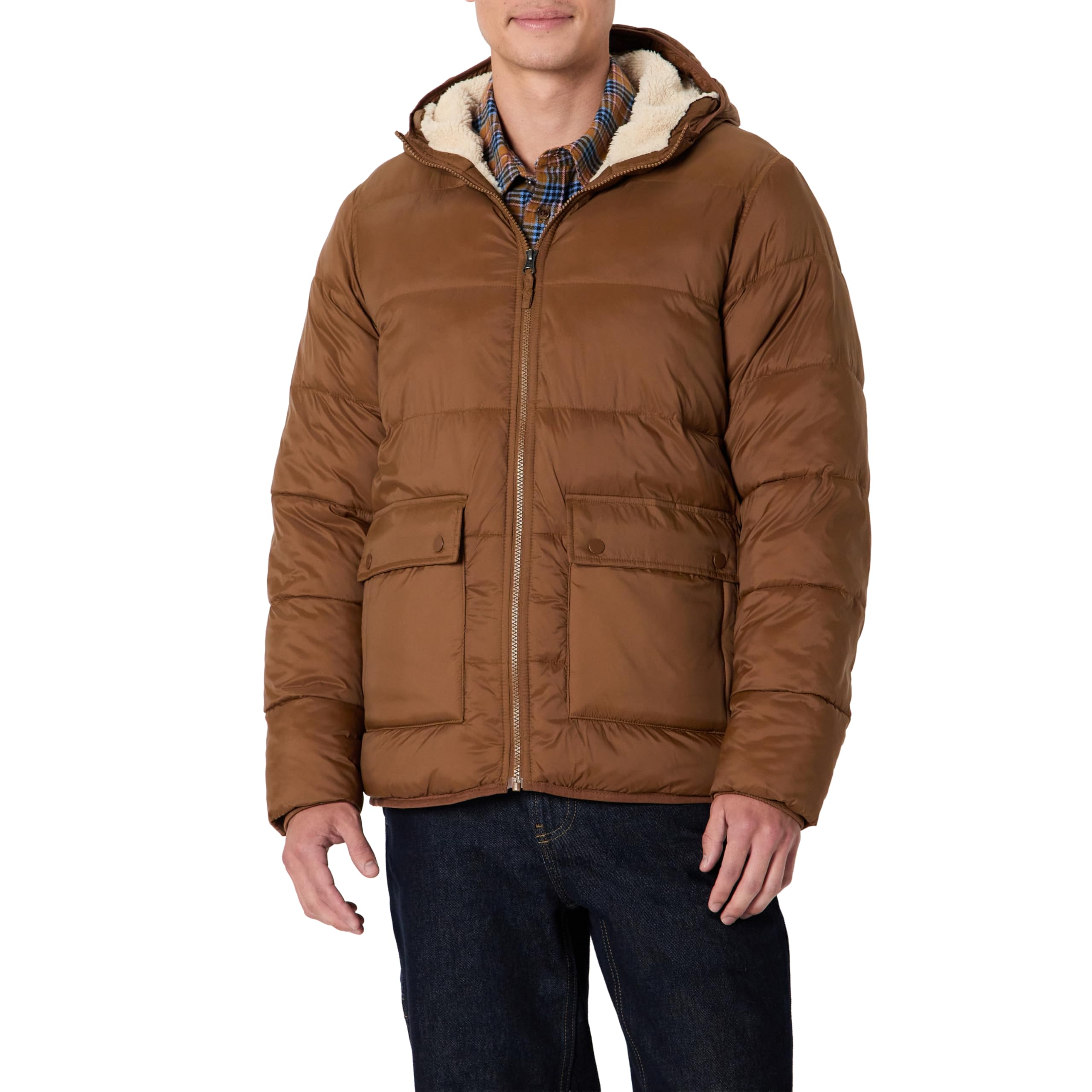 Amazon Essentials Men's Long-Sleeve Water-Resistant Sherpa-Lined Puffer Jacket, Brown, XX-Large Image