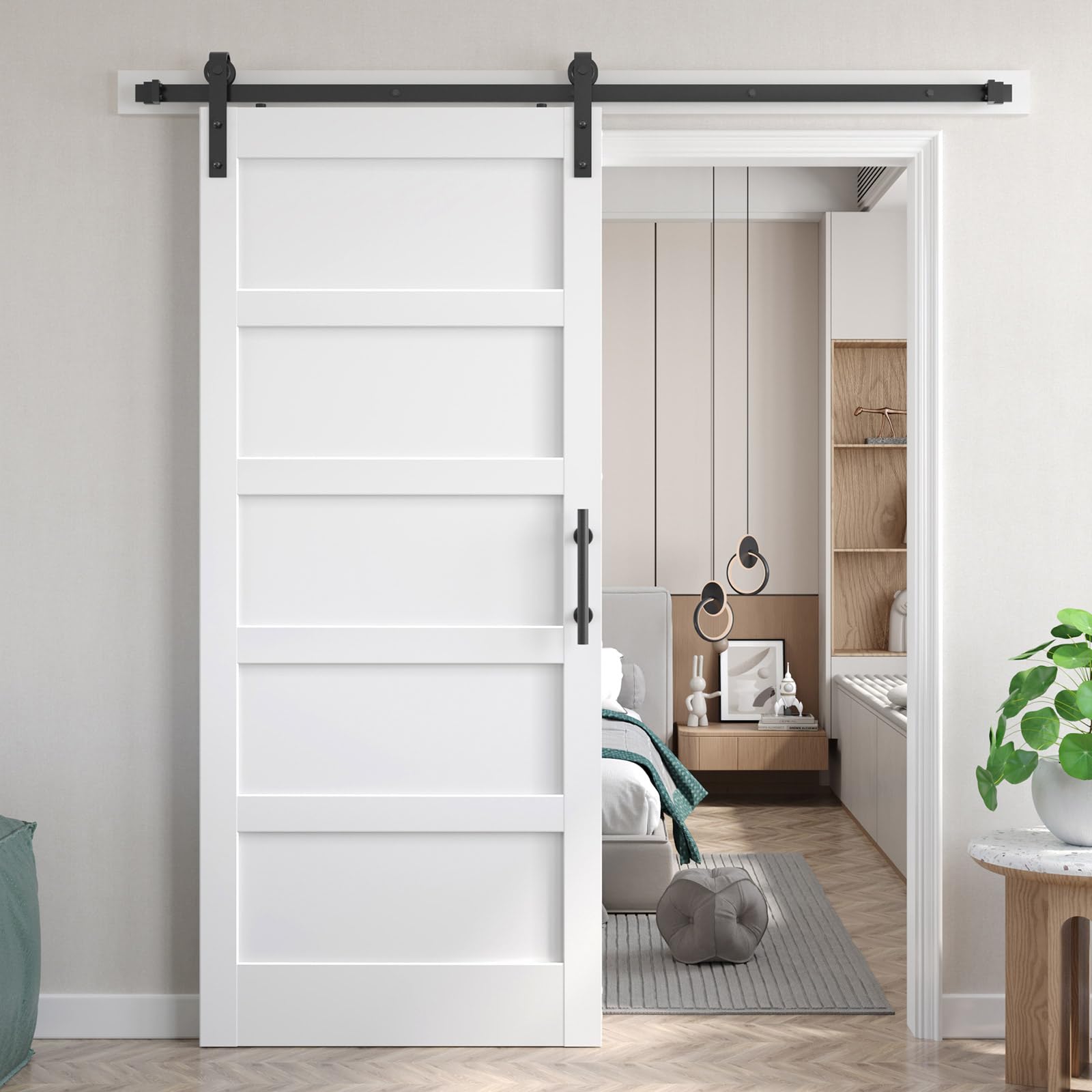 Photo 1 of Fredbeck 34x80 inch White Barn Door with 6 FT Sliding Door Hardware Kit Included & Handle,MDF,Solid PVC Surface,DIY Assembly,5-Panel