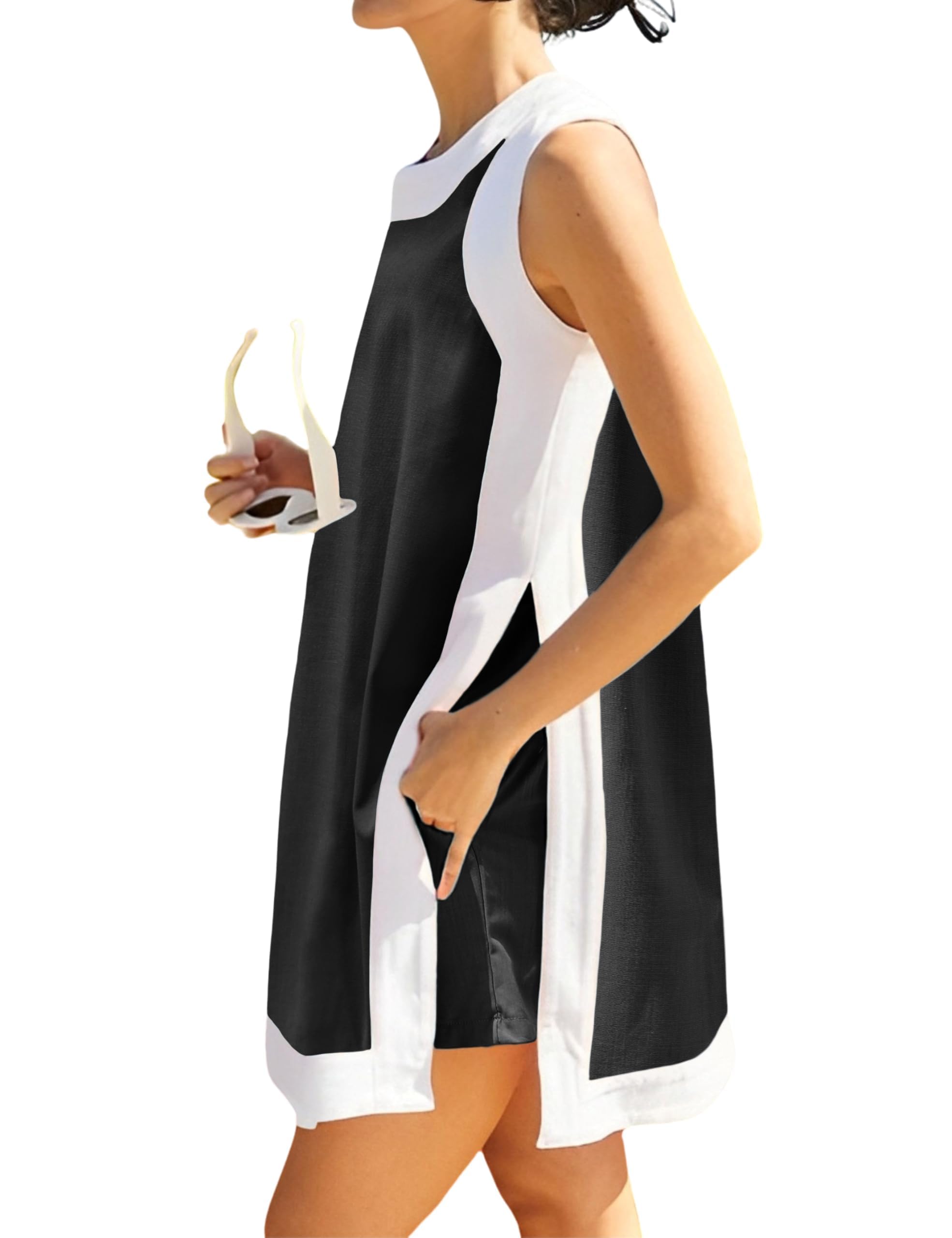 Photo 1 of Seetaa Women's Summer 2 Piece Outfits Sleeveless Spilt Hem Knit Sweater Top Sets Lounge Set Tracksuit With Pockets(Black-XS)