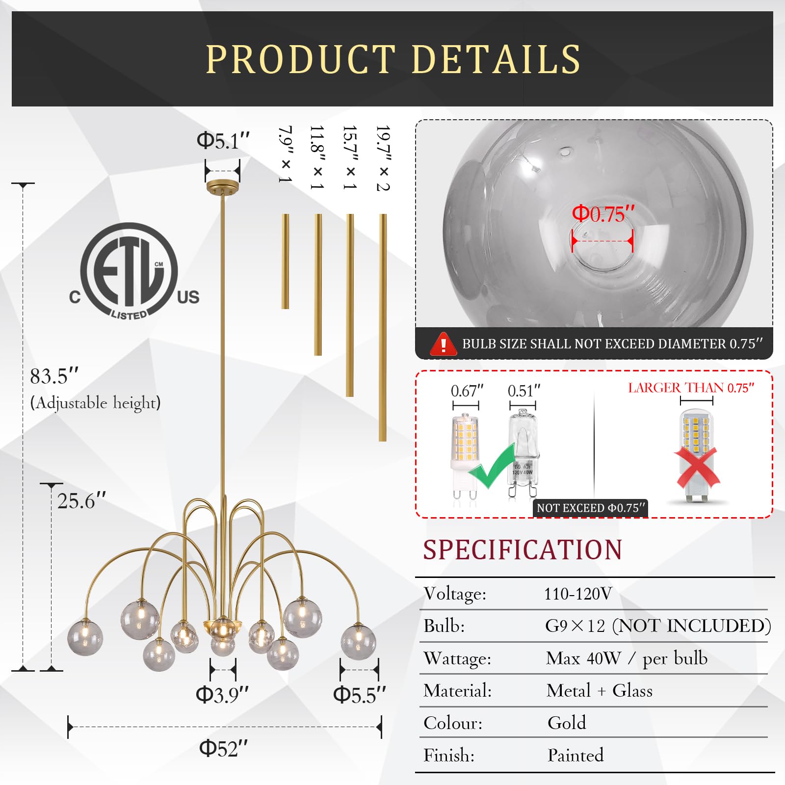 Condition photo showing New/Like New for catiner gold chandeliers 12 lights modern sputnik chandelier large l52”mid century ceiling pendant l
