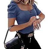 Valphsio Womens Puff Short Sleeve Top Square Neck Elegant Ribbed Knit T Shirt Summer Cute Slim Fit Tee Blouse