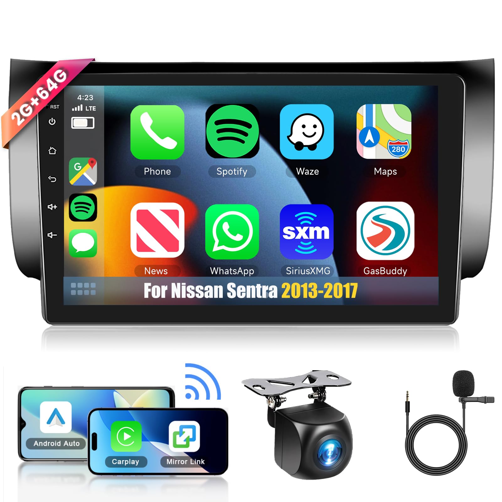 Photo 1 of 2+64G for Nissan Sentra 2013-2017 Car Radio with Wireless Carplay/Android Auto,Android Car Stereo 10.1 Inch Touch Screen GPS Navi WiFi Bluetooth FM/RDS Mirror Link SWC Backup Camera for Sentra Radio