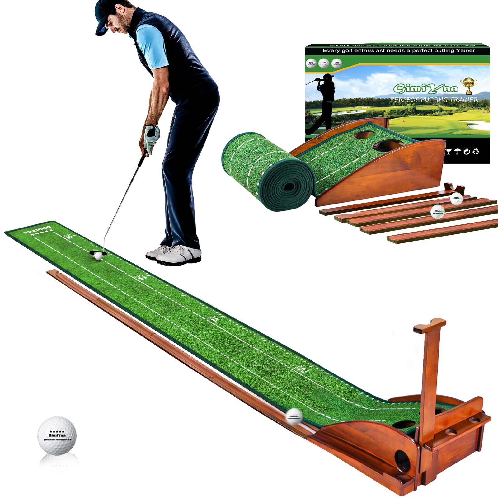 Photo 1 of GimiYaa Golf Putting mat Green Indoor and Outdoor with Auto Ball Return,Game Practice Golf Gifts for Home, Office, Backyard Indoor Golf and Outdoor Use, Crystal Velvet Mat and Solid Wood Base (Brown)