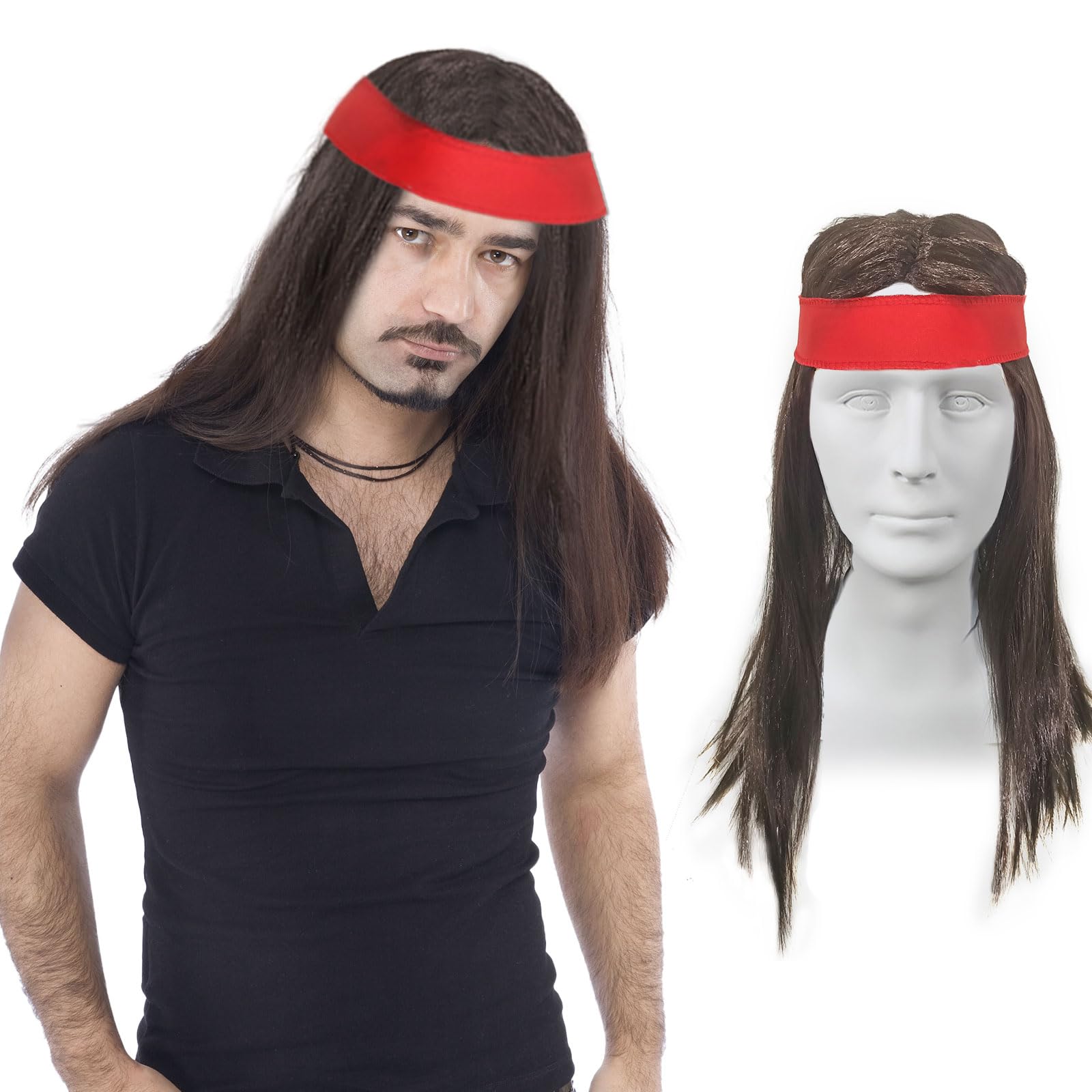 XNIVUIS 2-Piece Hippie Costume Set - Men's Brown Wig, Red Headband, 70s Disco Style, 80s Fancy Dress Accessories