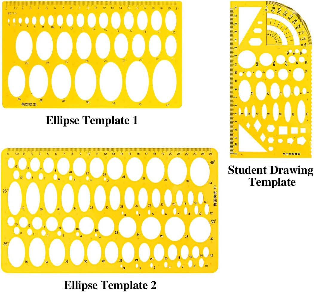 Swpeet 18Pcs Plastic Yellow Geometric Drawings Templates Kit, 10 Different Geometric Measuring Drawings Templates Stencils with 2Pcs Pencil and 5Pcs Measuring Ruler for Drawing Engineering Drafting : Office Products