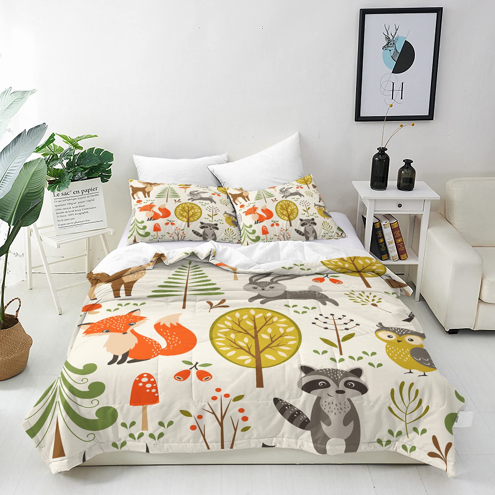 ANHOPE Woodland Animal Duvet Cover Set Soft Lightweight 3Pcs Bedding Set with 2 Pillowcase Jungle Safari Fox Rabbit Owl Print Pattern Baby Kids Boys Girls Quilt Cover with Zipper Closure Single Size — image 1