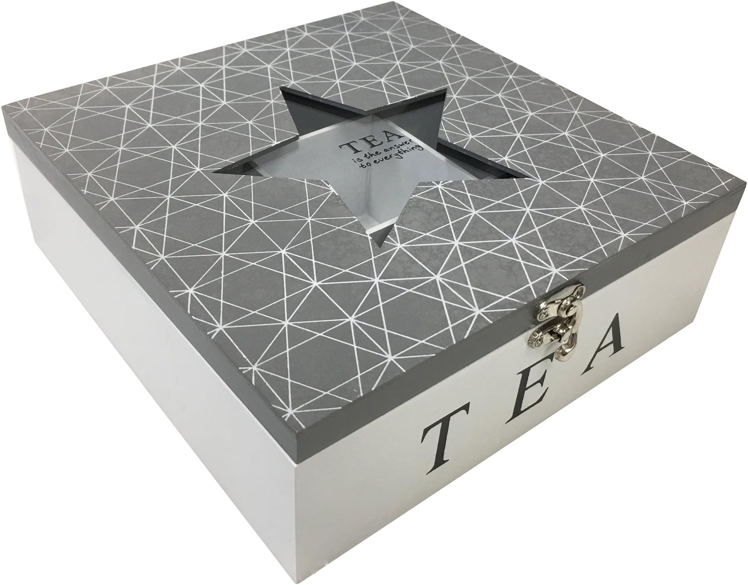 Karla - Geometric Design Wooden Tea Box with 9 Compartments Star Glass Top (Grey)