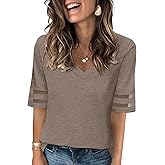 TICTICMISS Women's V Neck T Shirts Mesh Panel Short Sleeve Tops Casual Summer Tees