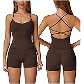 PQBPQB Women 2 Piece Workout Sets Padded Criss Cross Back Crop Tank Tops Tummy Control Biker Shorts Yoga Outfits with Pocket