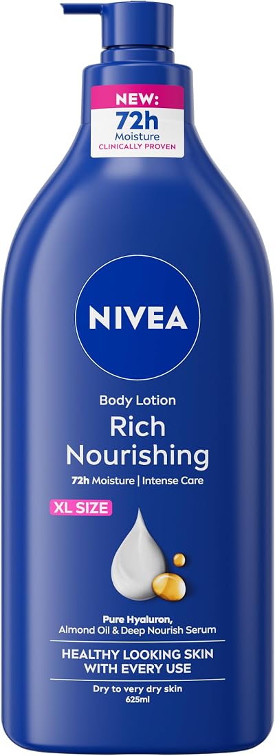 NIVEA Rich Nourishing Body Lotion 625ml Dry Skin 72H Hydration Almond Oil
