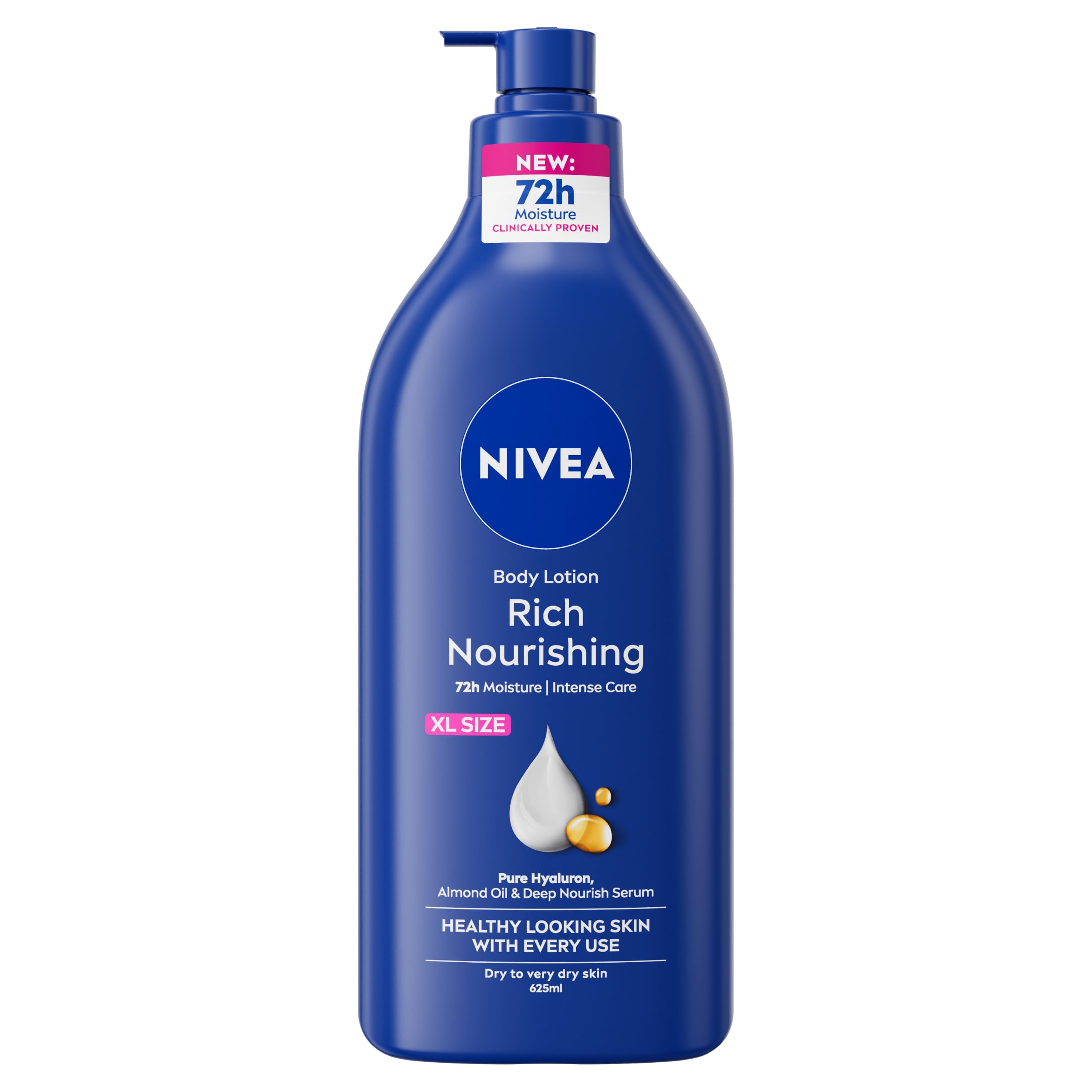 NIVEA Rich Nourishing Body Lotion (625ml), Rich 72H Hydration Moisturiser for Dry Skin Made with Deep Moisture Serum and Almond Oil, Extra Large NIVEA Body Lotion