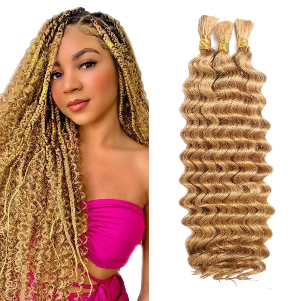Photo 1 of #27 Honey Blonde Human Braiding Hair Deep Wave Bulk 30 30 30 Inch Honey Blonde Deep Wave Braiding Hair Extensions Unproceesed Virgin Hair 50 Gram Per Bundle 3 Bundle