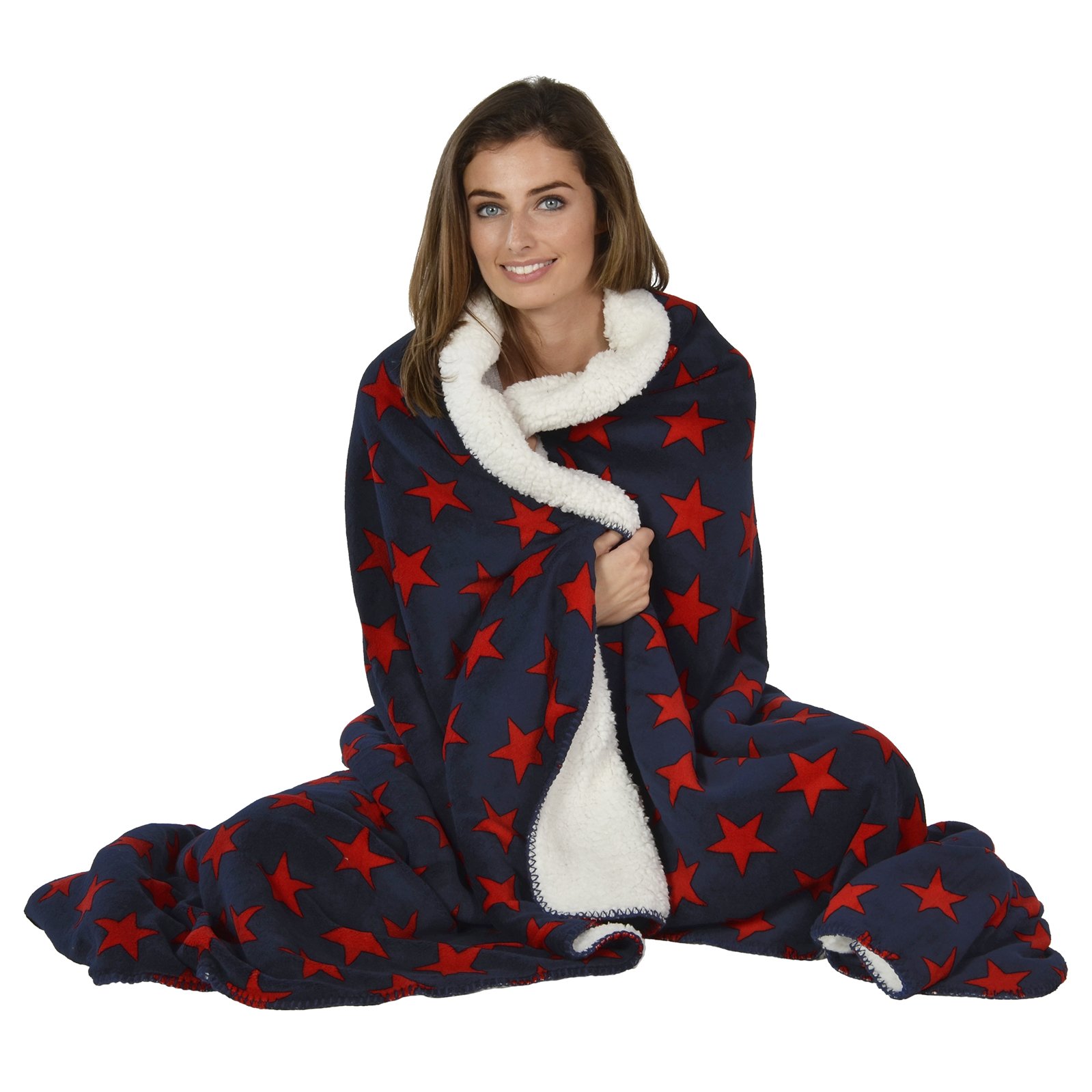 Micro-Pro Navy/Red Stars Fleece Blanket Soft Sherpa Home Warm Sofa Bed Throw 150x200cm