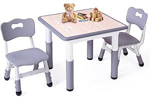 MIXPOET Kids Table and 2 Chairs Set, Height Adjustable Toddler Study Table and Chair Set for Ages 3-8 Children, Kid Size, Gra