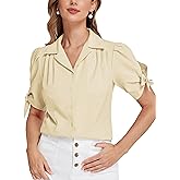 Bello Poque Women Vintage Blouse 1950s Retrt Button Up V Neck Short Bow Sleeves Blouse Shirts