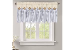 ASPMIZ Cotton Linen Kitchen Valance Curtains, Boho Rustic Button Valances for Windows Farmhouse Style, Blue Stripe Window Valances for Bathroom Cafe, Tie Up Valance for Kitchen Windows, 52 x 18 Inch