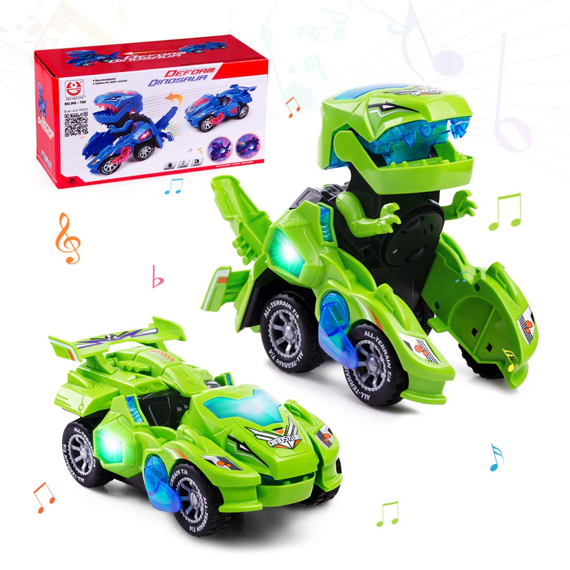 Highttoy Transforming Dinosaur Toys for 3-7 Year Old Boys Girls, Electric Automatic Transforming Dinosaur Car with Flashing Lights & Music, Gifts for Kids Age 3+, Green