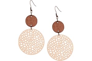 MINACHI Bohemian Hollow Cut-Out Wood Leather Dangle Drop Earrings, Boho Chic Hippie Statement Jewelry Gift for Women