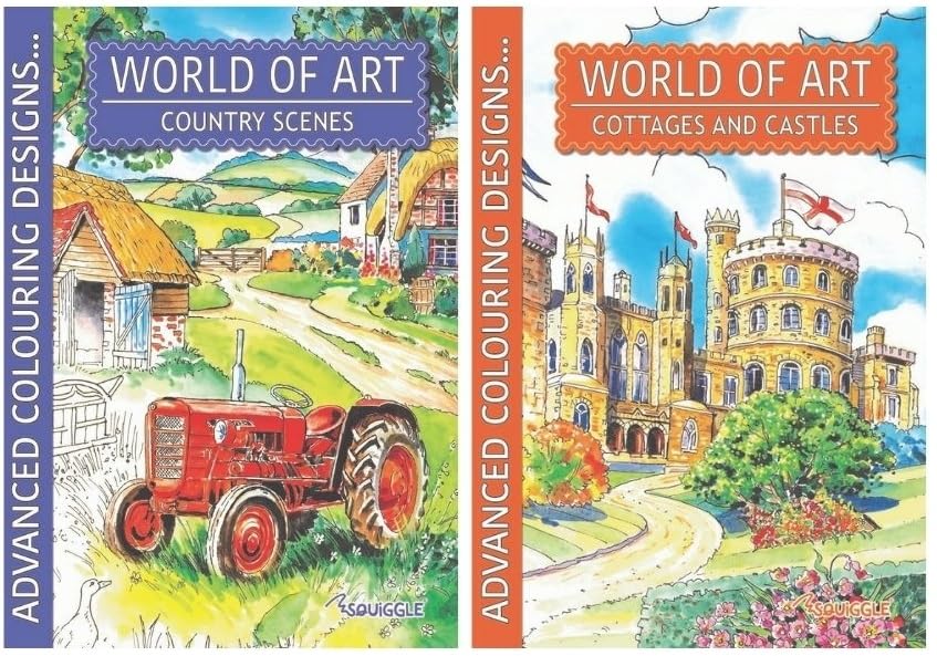 BG World of Art A4 Adult Colouring Books, Country Scenes/Cottages Castles + 20 Colouring Pencils
