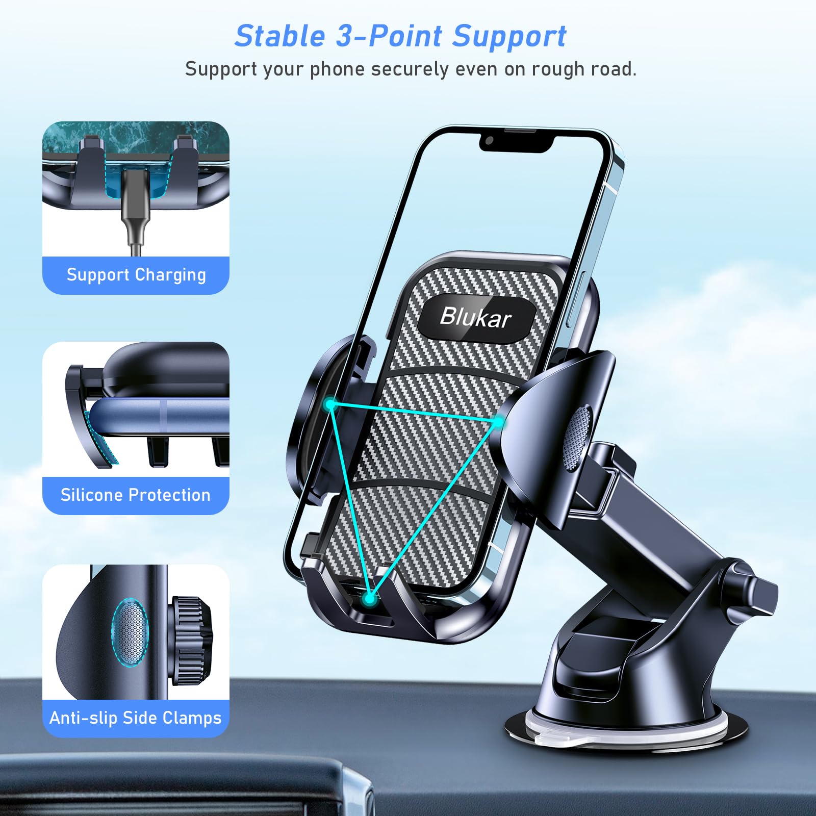 Blukar Car Phone Holder, Adjustable Car Phone Mount Cradle 360° Rotation - 4 in 1 Super Stable for Dashboard/Windscreen/Air Vent, One Button Release for All 4.7 to 6.7 inch Smartphones