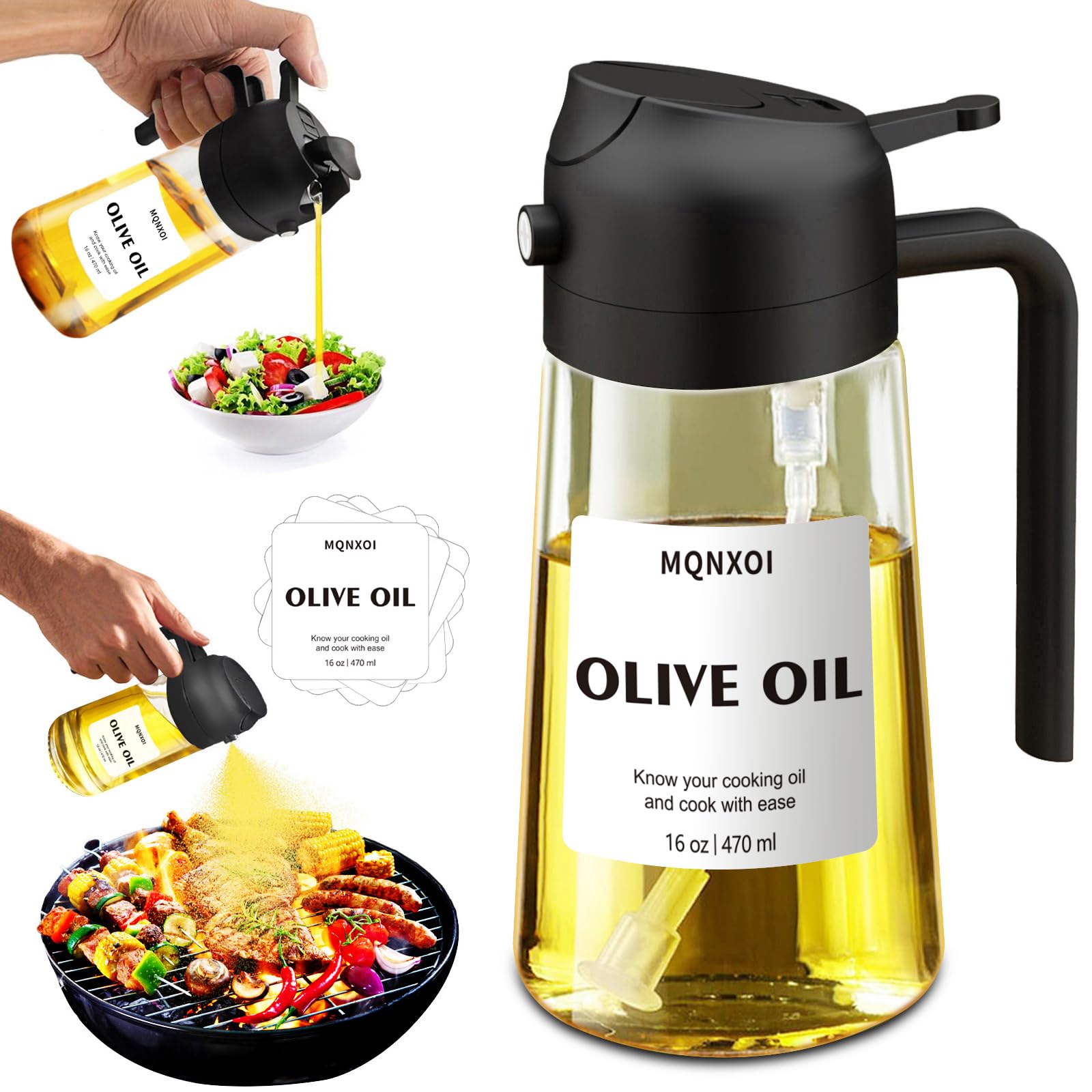 Photo 1 of 2 in 1 Glass Oil Sprayer & Dispenser,16oz/470ml Olive Cooking, Air Fryer, and Salad, for Kitchen Gadgets and Air Fryer Accessories, w/Stickers (Black)