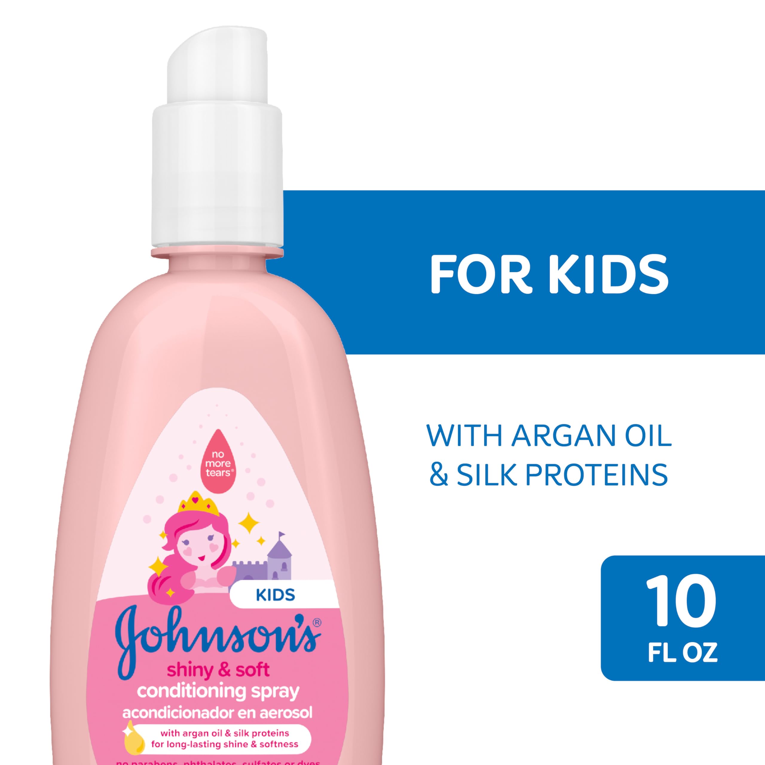 Johnson's Baby Shiny & Soft Tear-Free Conditioning Spray, Paraben- & Sulfate-Free with Argan Oil & Silk Proteins for Toddlers' Hair, Hypoallergenic, 10 fl. oz (Pack of 2)
