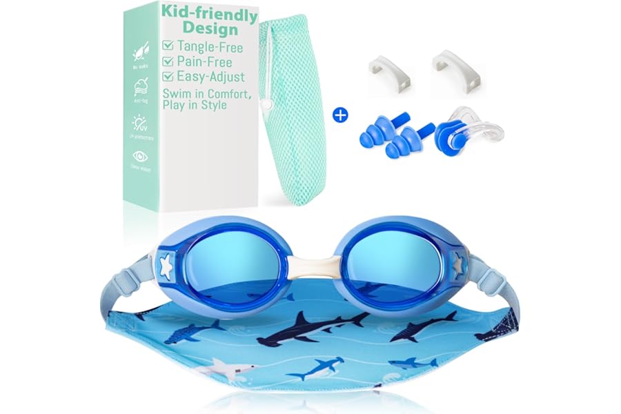Pixel Panda Kids Swim Goggles with Fabric Strap for 3-8, Swim Pool Goggles for Boy Girls Toddler, No Hair Pulling
