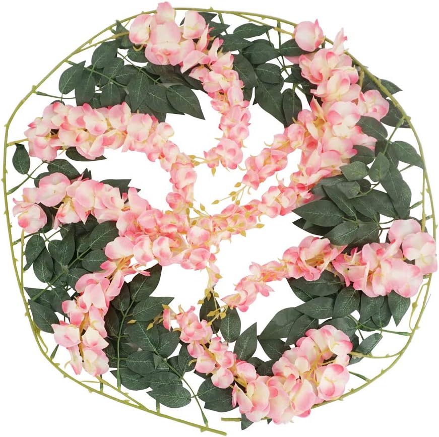 LESHABAYER 5.6 Feet/pcs Artificial Silk Wisteria Vine Rattan Hanging Flower Garland Ivy Plants for Outdoor Wedding Party Home Garden Wall Decoration,Pack of 4 (Pink) - Image 5