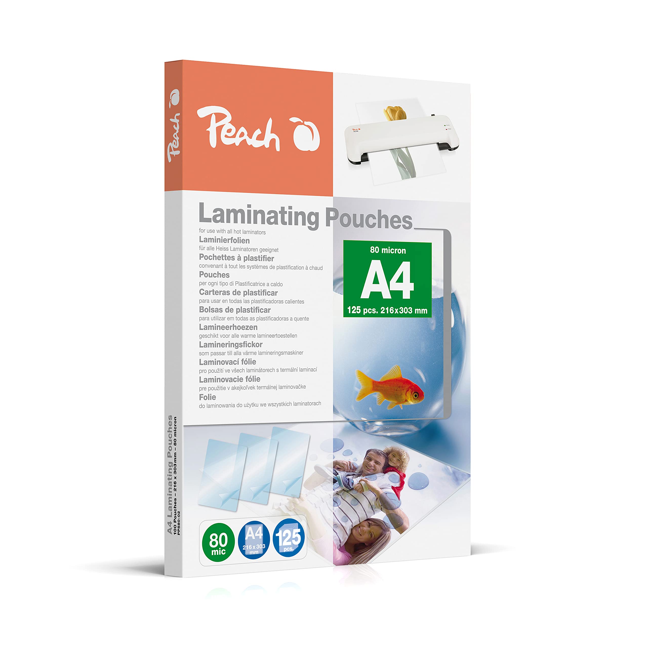 Peach Laminating Pouches A4 – 80 mic – 125 Pouches – Glossy – Premium Quality for Best Laminating Results – Compatible with Devices of All Brand Manufacturers – PP580-02P