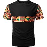 ZEROYAA Men's African Kente Pattern Patchwork T-Shirt Breathable Short Sleeve Dashiki Shirt