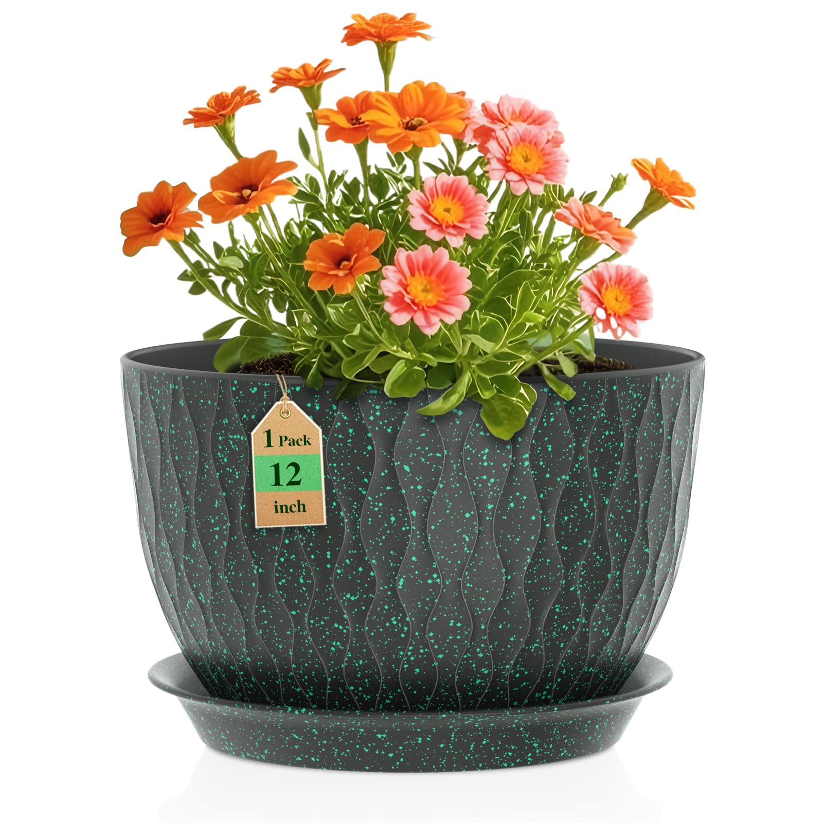 Photo 1 of WSMKSZ 12 Inch Wide Water Ripples Flower Pots for Indoor or Outdoor Plants, Large Plant Pots with Drainage Holes & Saucer, Plastic Planters Set for Garden & Home Decor (Black with Green Speckles)