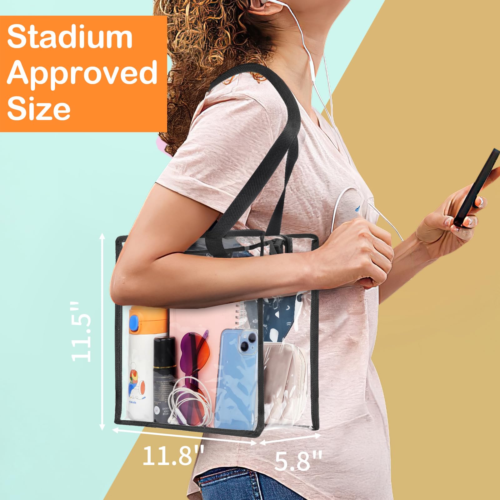 Clear Bag for Stadium Events Approved, 12x6x12 Large Transparent Tote Bag with Zipper for Gym Concert Sports Festivals