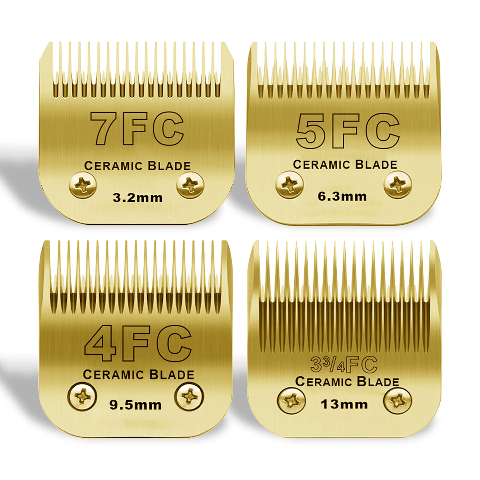Detachable Pet Dog Grooming Clipper Ceramic Blades Set,Compatible with Andis/Heiniger/Moser45/A5 and Wahl KM10 Series Clippers,Size 7FC/5FC/4FC/3FC 4 Pack,Gold