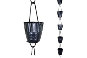 Rain Chains by JASINC 8.5 ft Ruffle Cups Hammered Black Powder Coated Aluminum, to Replace Roof Gutter Downspout, with Installation Kit, Rainwater Catcher/Water Diverter, JAS3003BLK