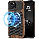 TENDLIN Magnetic Case Compatible with iPhone 13 Case Wood Grain with Carbon Fiber Texture Design Leather Hybrid Slim Cover (Compatible with MagSafe) Black