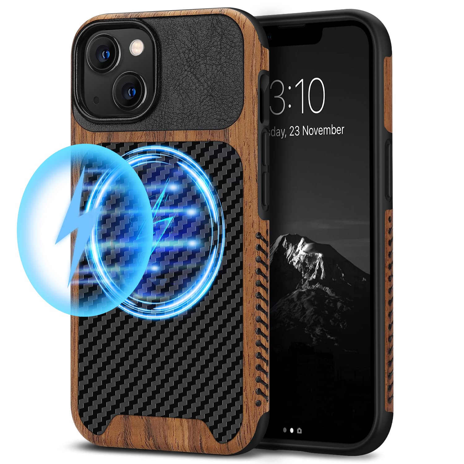 Photo 1 of TENDLIN Magnetic Case Compatible with iPhone 13 Case Wood Grain with Carbon Fiber Texture Design Leather Hybrid Slim Case (Compatible with MagSafe) Black